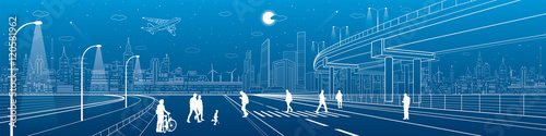 City scene, people walk on the street, city's skyline on background, street life. Automotive flyover, infrastructure panorama, transport overpass, highway, white lines, neon town, vector design art