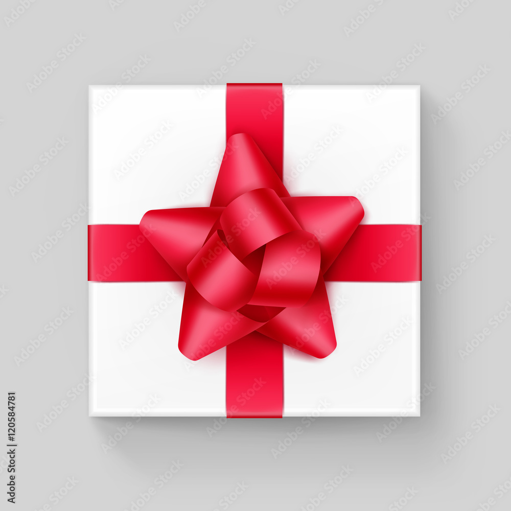 Vector White Square Gift Box with Shiny Red Scarlet Ribbon Bow Close up ...