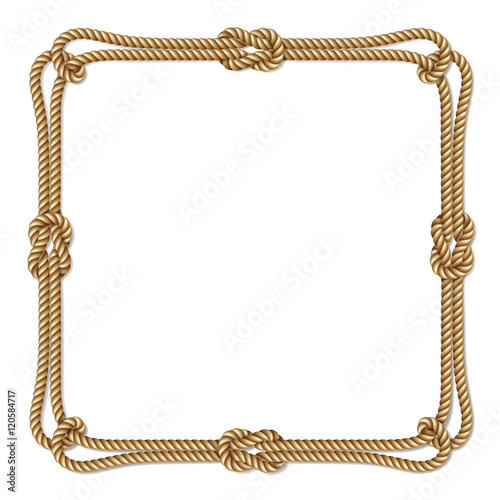 Yellow rope woven vector border with rope knots, square vector frame, isolated on white