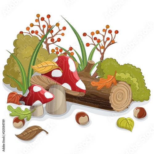 Poison mushroom with leaf, berry, branch and log for autumn decoration. Isolated on white, decorated with dots and lines