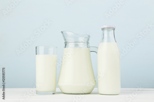 Dairy products. Assortment of fresh milk on white table with col