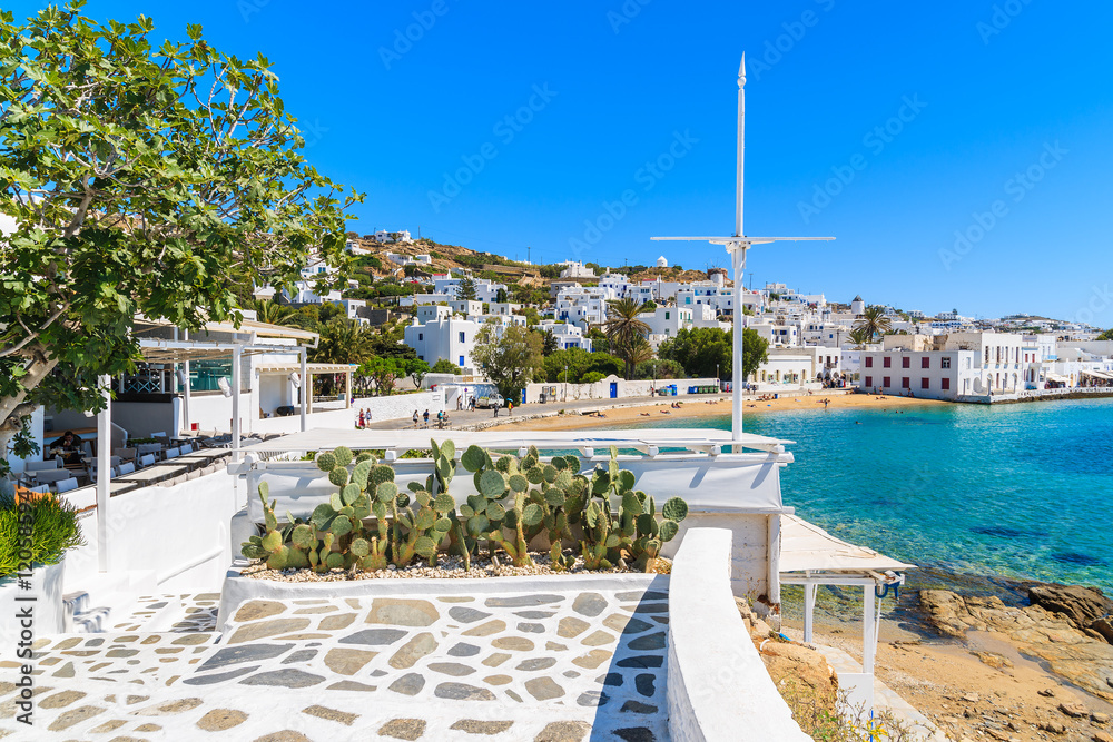 View of beautiful Mykonos town from coastal promenade, Mykonos island, Greece