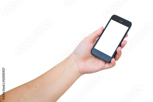 hand holding smartphone blank screen on white background