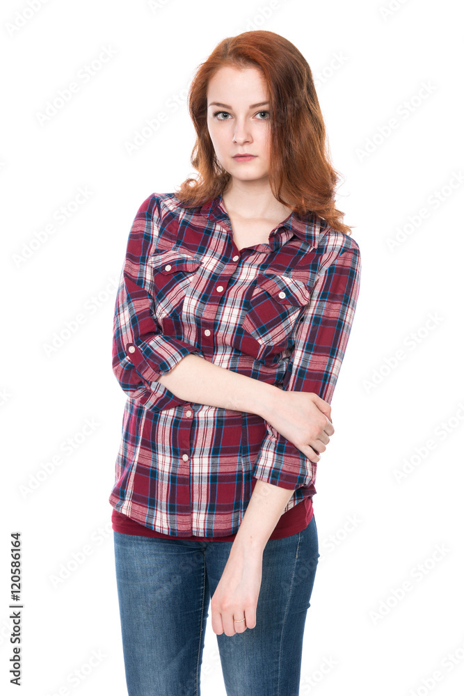 Young pretty curly woman in plaid shirt Young pretty curly woman in plaid shirt