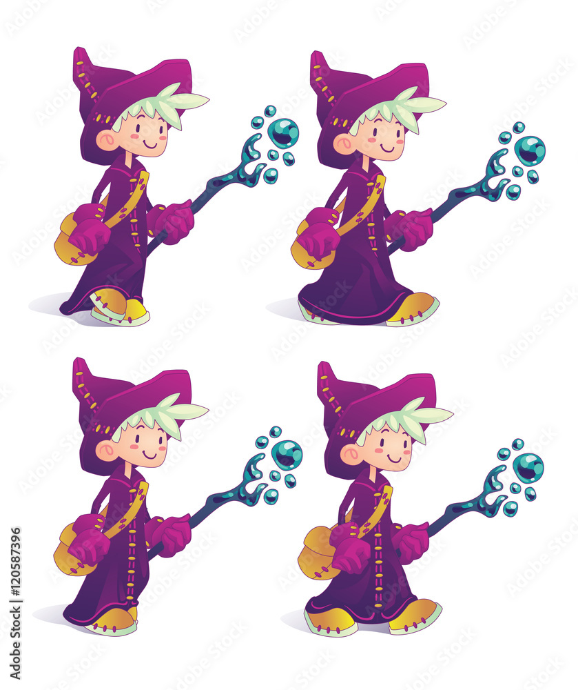 Happy cartoon mage character in move. Happy cartoon mage character in move.