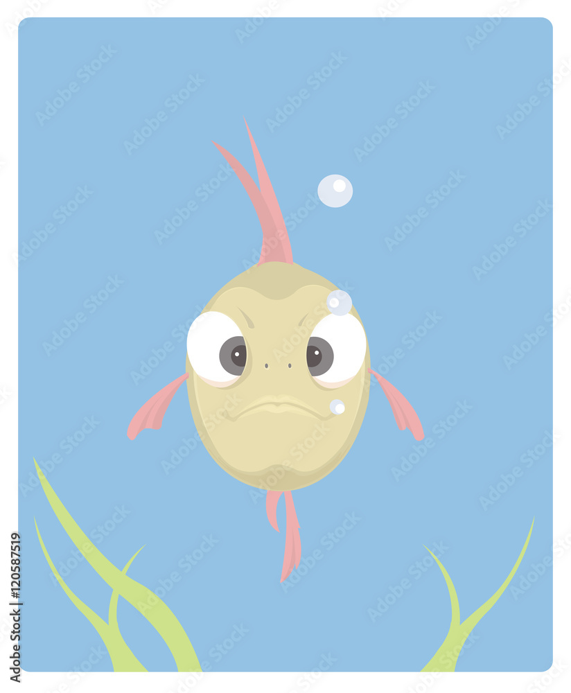 Vector illustration of a cute angry frowned fish with pursed lips .Front  view. Flat style Stock Vector