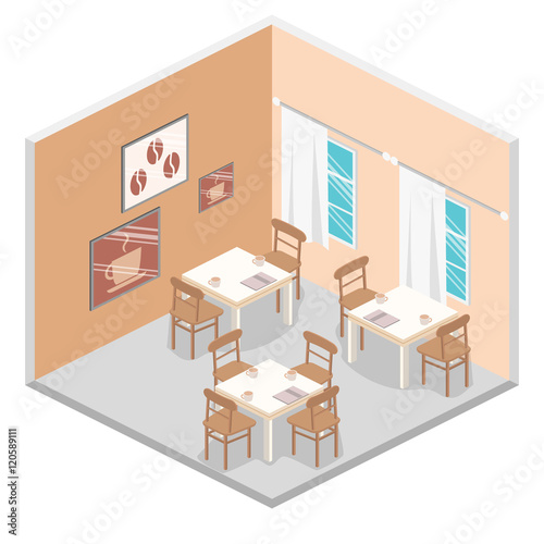 Isometric interior of coffee shop. flat 3D isometric design interior cafe or restaurant. © reenya