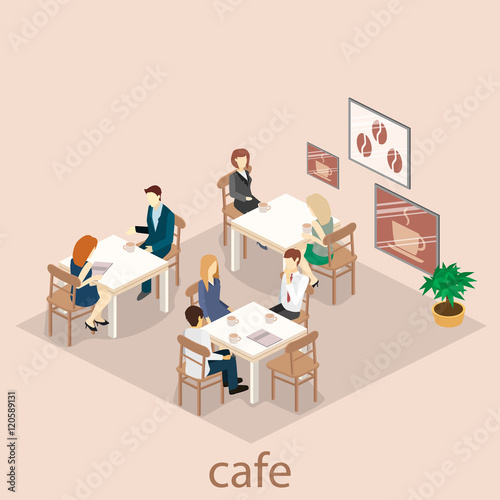 Isometric interior of coffee shop. flat 3D isometric design interior cafe or restaurant. People sit at tables and eat.