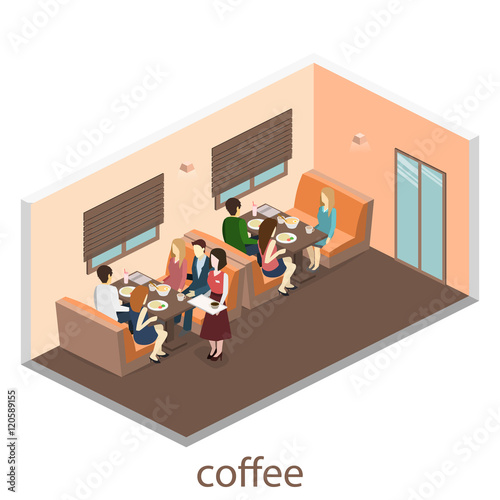Isometric interior of cafe shop. flat 3D isometric design interior cafe or restaurant. People sit at tables and eat.