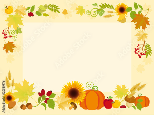 Frame with autumn crops. Autumn vector illustration. Autumn leaves border