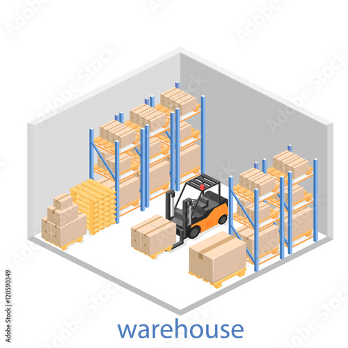 isometric interior of warehouse. The boxes are on the shelves