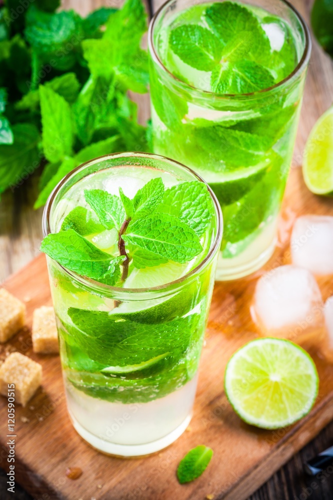 fresh mojito cocktails with lime, mint and ice in glass fresh mojito cocktails with lime, mint and ice in glass