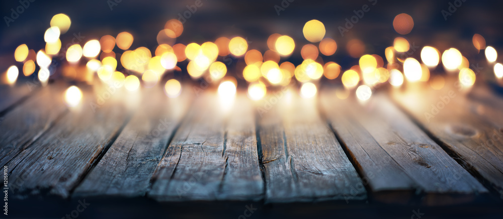 Bokeh Of Christmas Lights On Vintage Wooden Plank
 - obrazy, fototapety, plakaty 