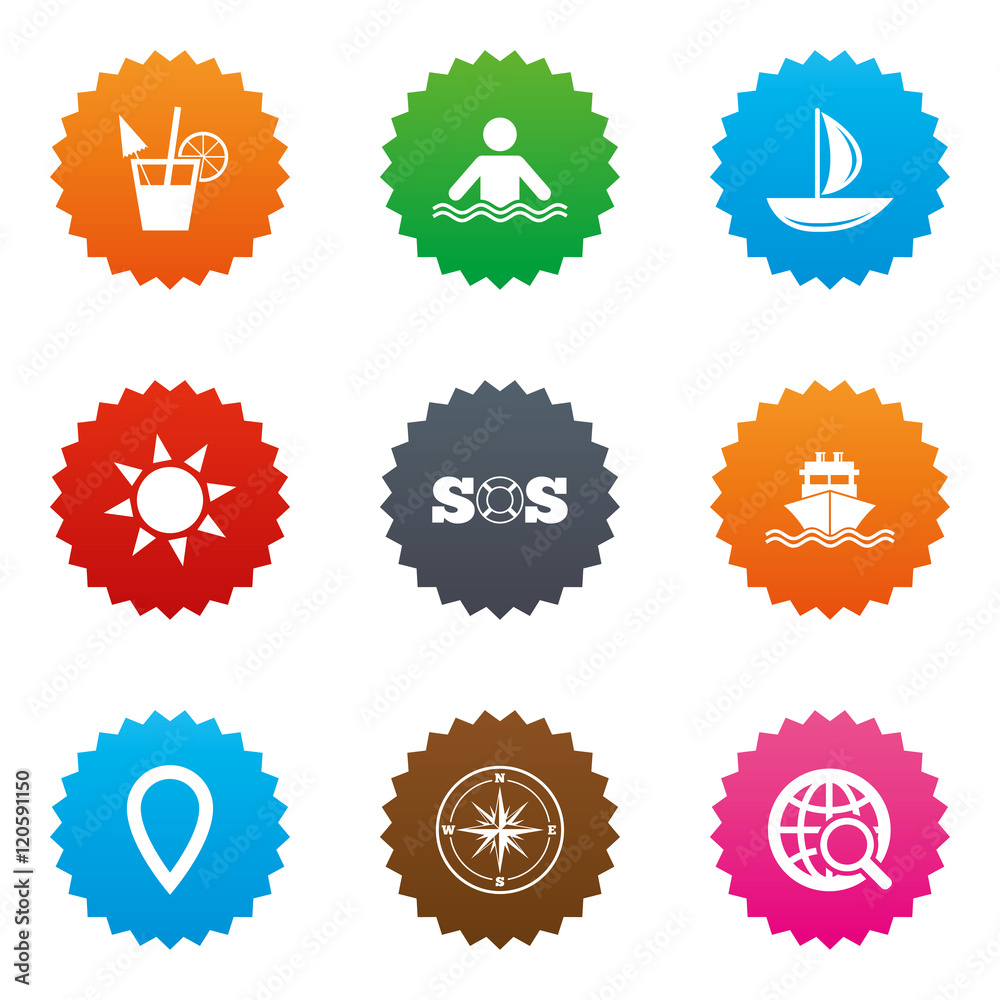 Cruise trip, ship and yacht icons. Travel signs. Cruise trip, ship and yacht icons. Travel signs.
