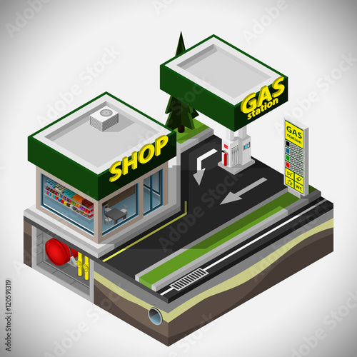Vector isometric illustration of fuel station and coffee shop.