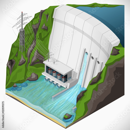Vector isometric illustration of a hydroelectric power station. Extraction of energy from renewable sources.