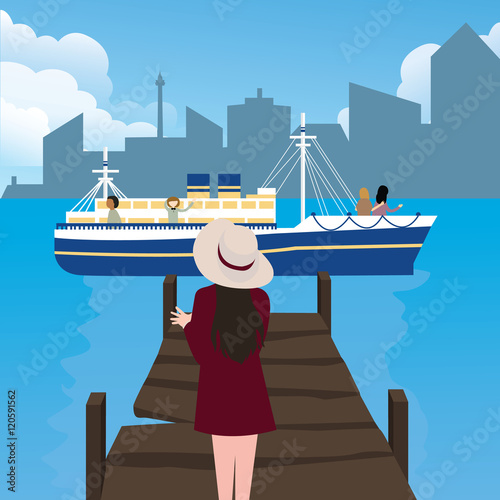 girl woman waiting in harbor port alone ship coming