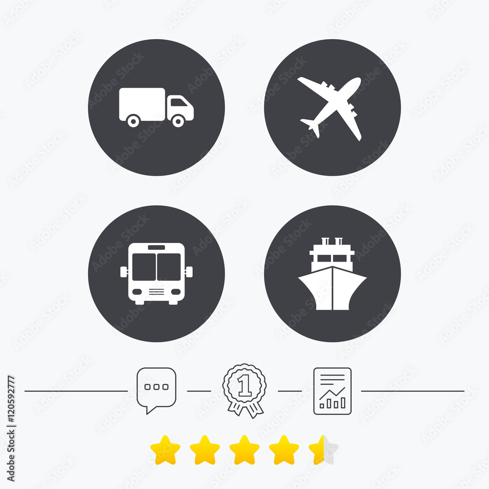 Transport icons. Truck, Airplane, Bus and Ship. Transport icons. Truck, Airplane, Bus and Ship.