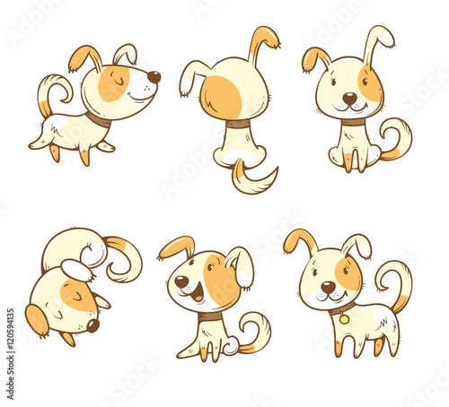Cute cartoon dogs set. Six little puppies in different poses. Funny animals. Vector colorful contour image. Children's illustration.