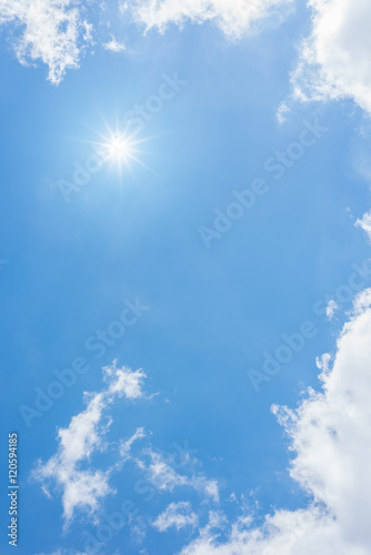 Photography Blue sky with clouds and sun reflection. looking up view