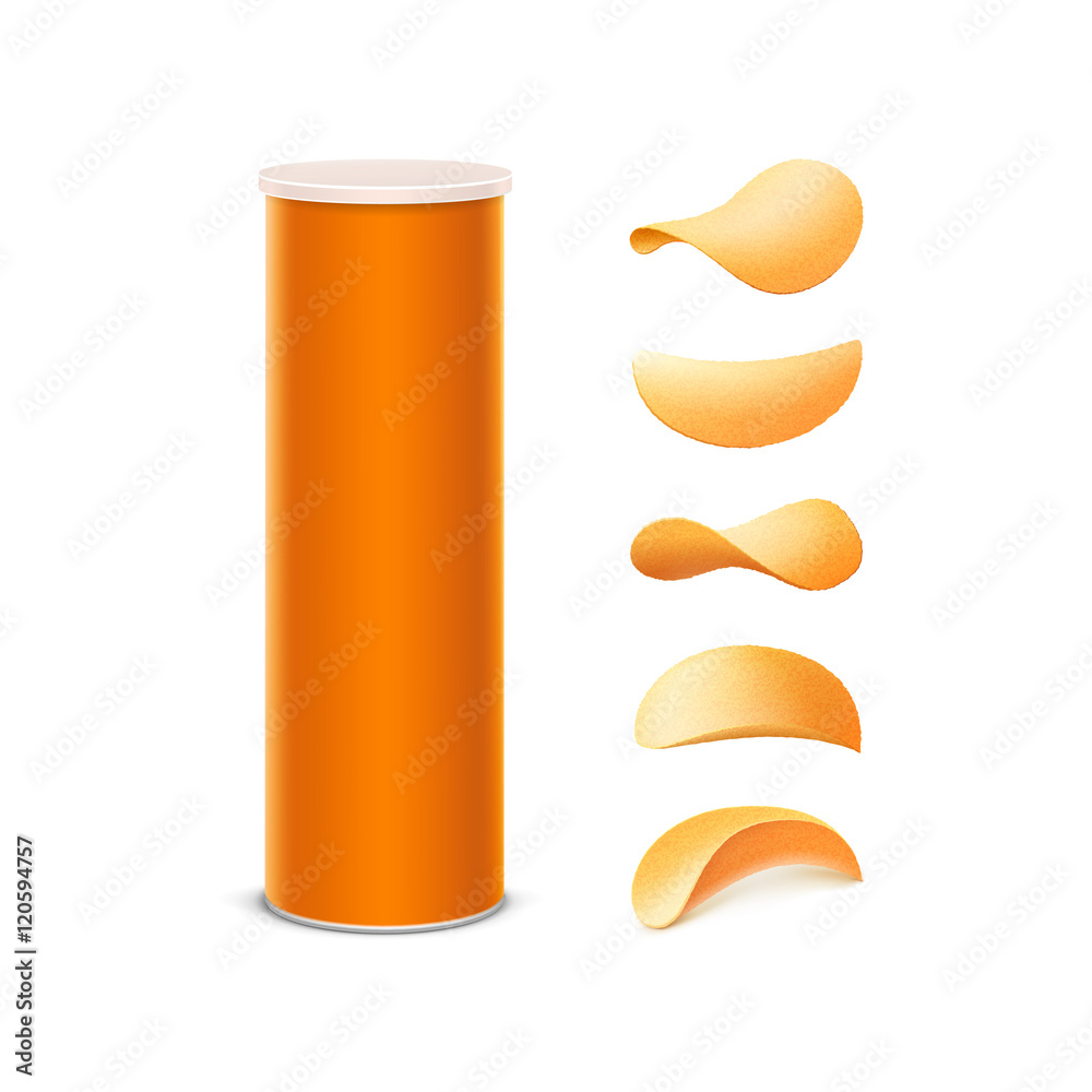 Orange tin box container tube with potato chips Vector Image