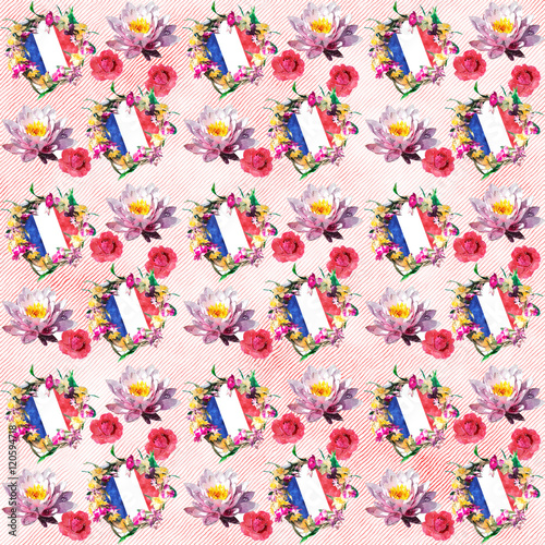 French flag seamless pattern.Flag of France background with flowers  usable for decoration  textile or paper prints  scrapbooks planner supplies.