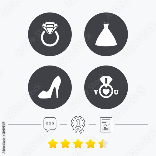 Wedding dress icon. Women's shoe symbol.