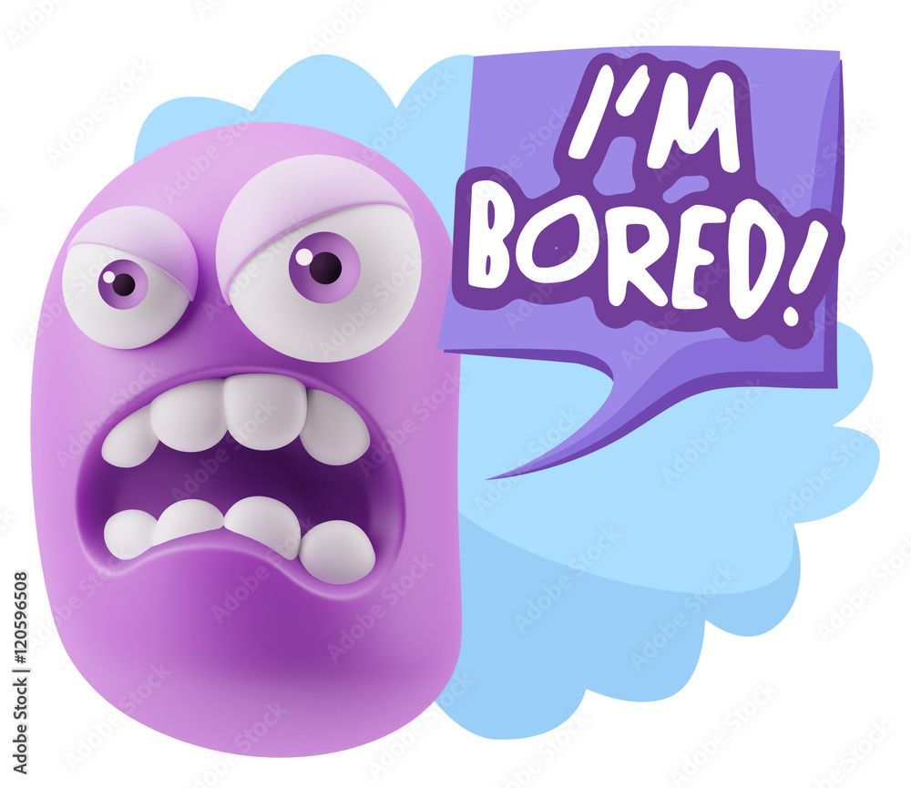 3d Illustration Angry Face Emoticon saying I'm Bored with Colorf