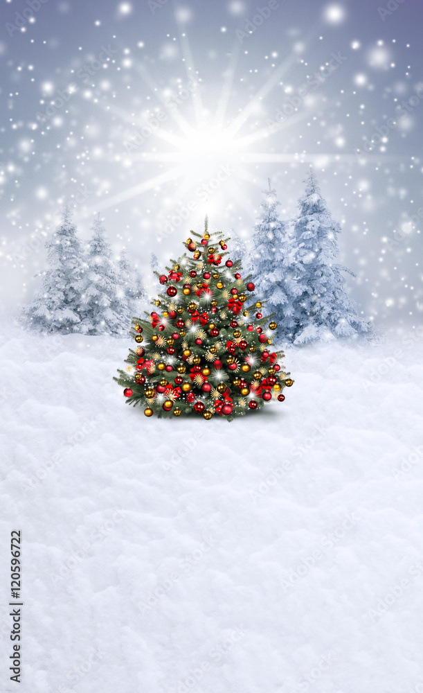 Verschneiter Weihnachtshintergrund mit Christbaum