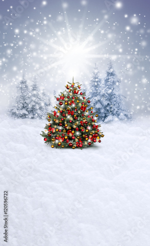 Verschneiter Weihnachtshintergrund mit Christbaum