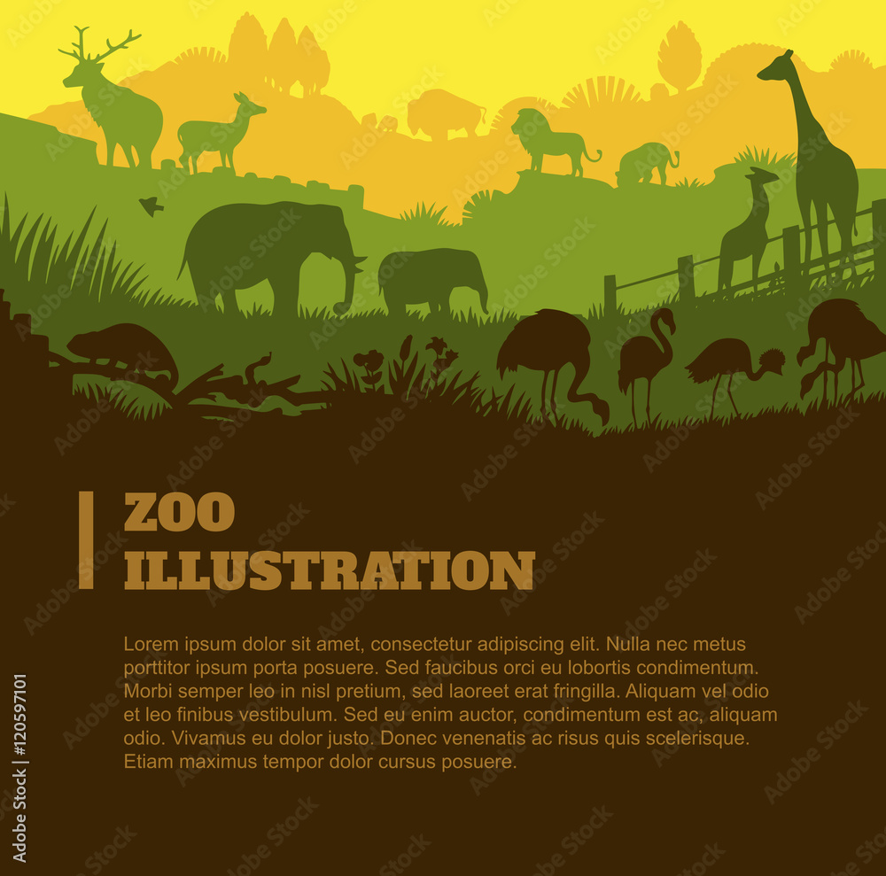 Zoo world illustration background, colored silhouettes elements, flat - obrazy, fototapety, plakaty 