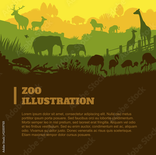 Zoo world illustration background, colored silhouettes elements, flat photo