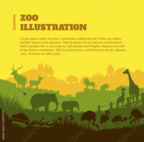 Zoo world illustration background, colored silhouettes elements, flat
