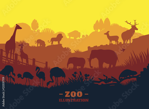 Zoo world illustration background, colored silhouettes elements, flat