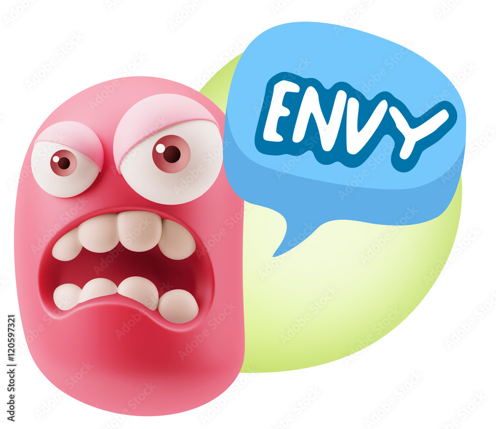 3d Illustration Angry Face Emoticon saying Envy with Colorful Sp