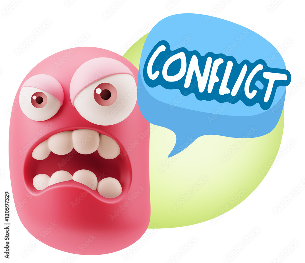 3d Illustration Angry Face Emoticon saying Conflict with Colorfu 3d Illustration Angry Face Emoticon saying Conflict with Colorfu