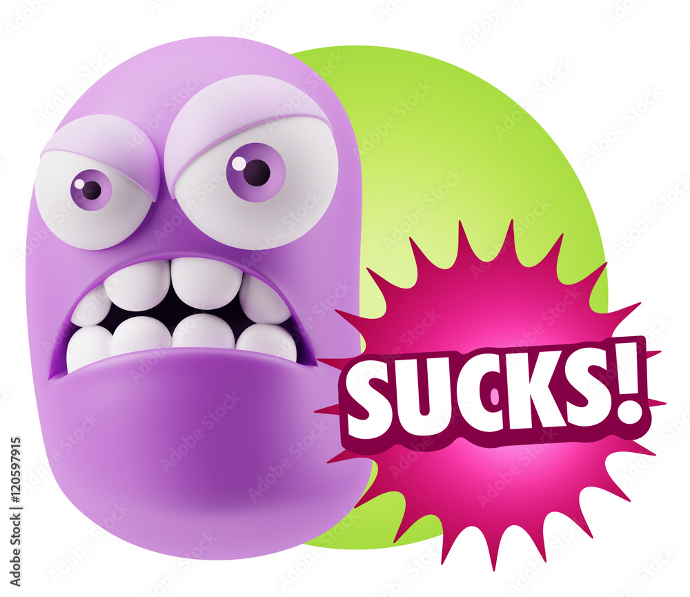 3d Illustration Angry Face Emoticon saying Sucks with Colorful S 3d Illustration Angry Face Emoticon saying Sucks with Colorful S