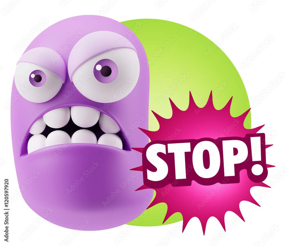 3d Illustration Angry Face Emoticon saying Stop with Colorful Sp 3d Illustration Angry Face Emoticon saying Stop with Colorful Sp