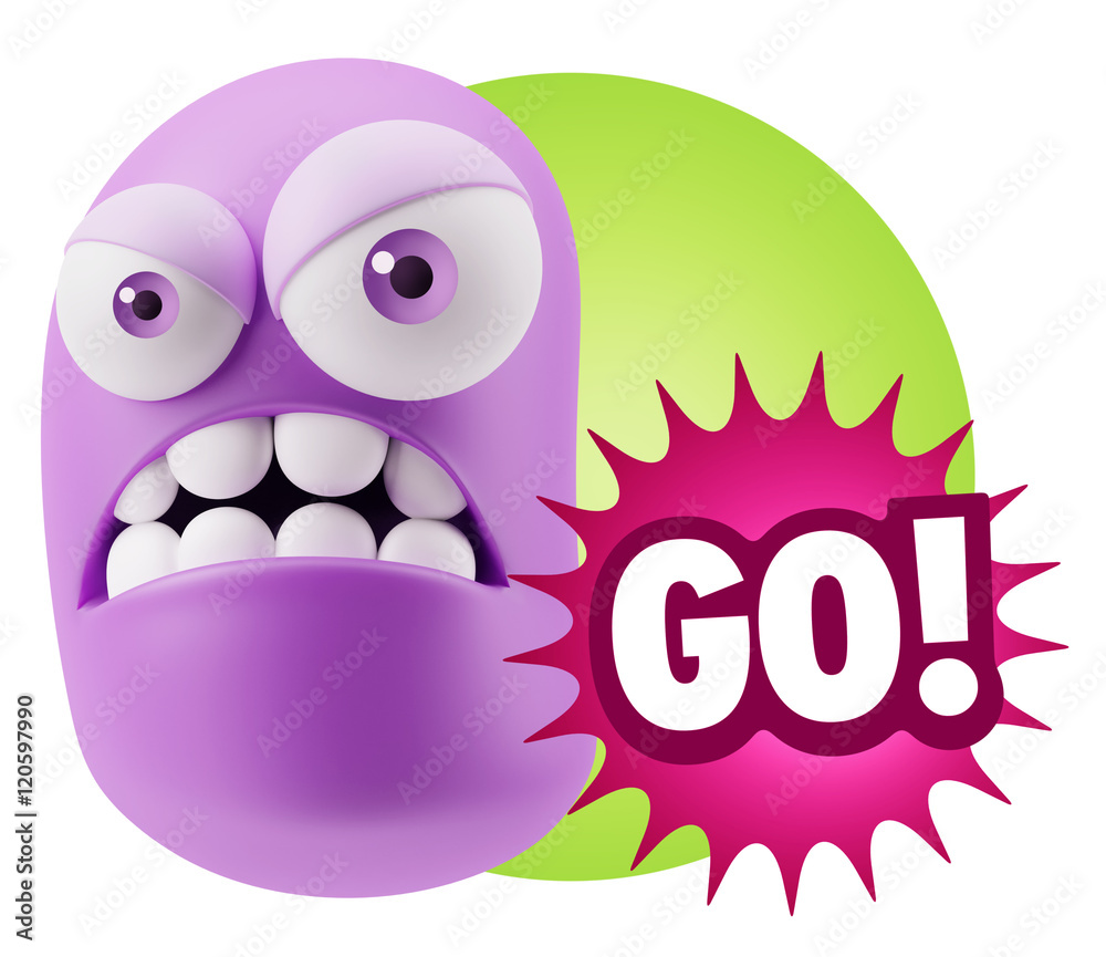 3d Illustration Angry Face Emoticon saying Go with Colorful Spee 3d Illustration Angry Face Emoticon saying Go with Colorful Spee