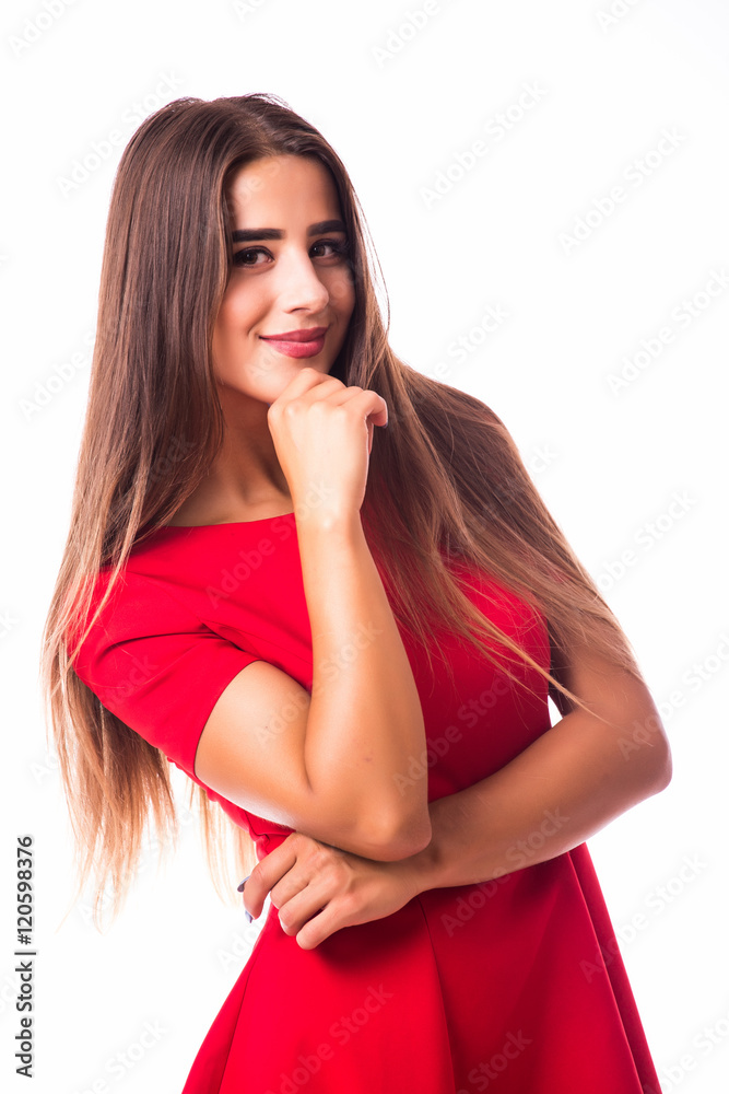 Happy smiling woman with different gesture, on white background.