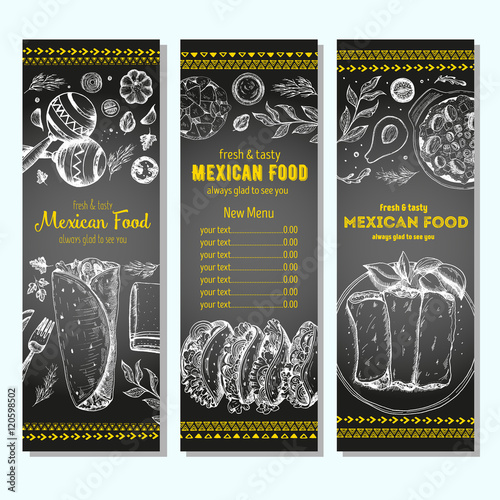 Mexican food design template. Vertical banners set. Mexican food cafe menu. Vector illustration.