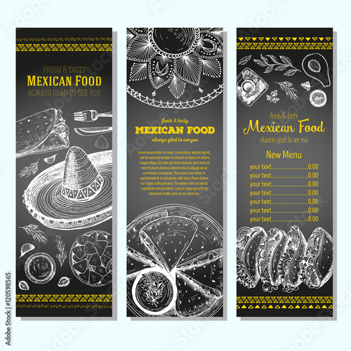 Mexican food design template. Vertical banners set. Mexican food cafe menu. Vector illustration.