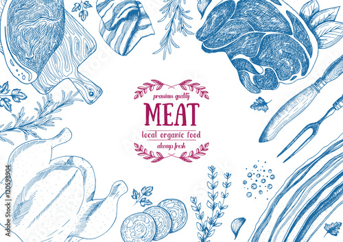 Vintage meat frame. Vector illustration. Linear graphic design. Hand drawn illustration. Meat design template.