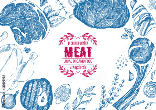 Vintage meat frame. Vector illustration. Linear graphic design. Hand drawn illustration. Meat design template.