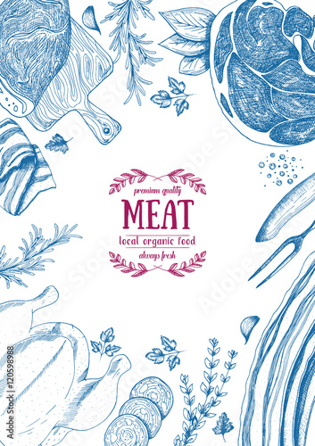 Vintage meat frame. Vector illustration. Linear graphic design. Hand drawn illustration. Meat design template.