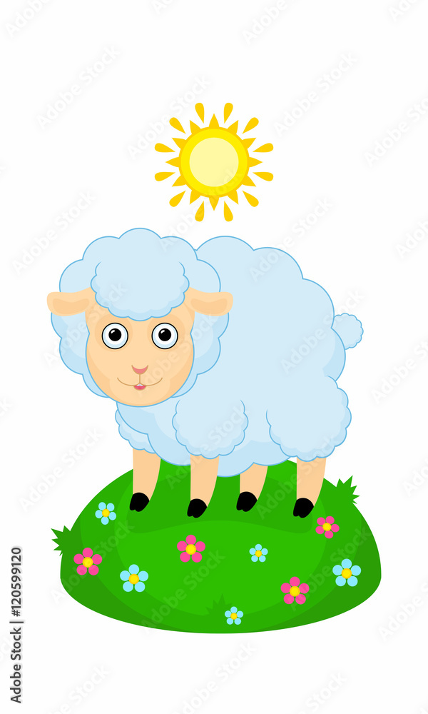 Иллюстрация на тему овечка пасётся на полянке где растут цветы