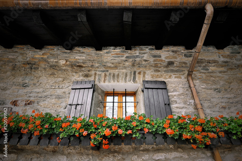 Alpien window with shutters and flowers