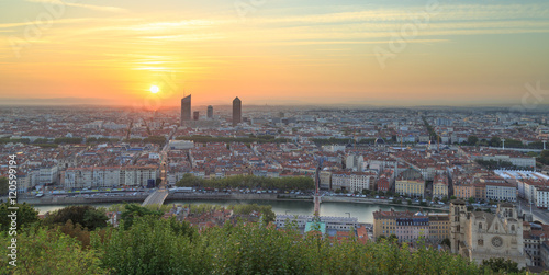 The view over Lyon during sunrise from Fourviere hill, beside the famous Basilica here.