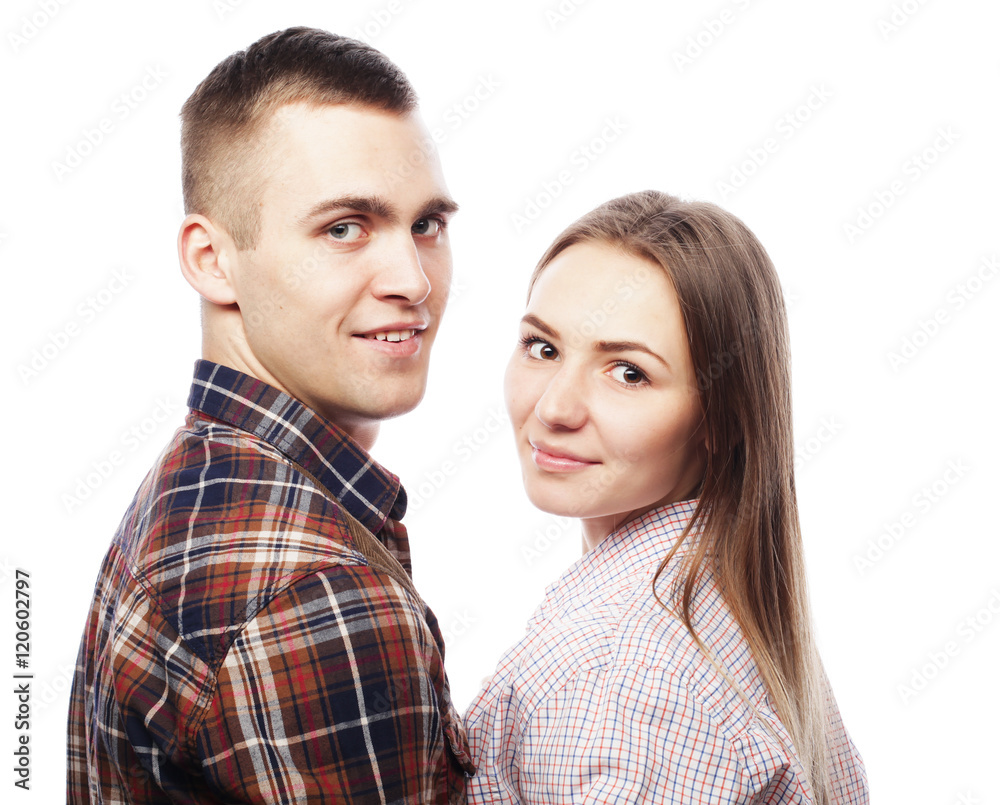 lovely happy couple hugging over white background. lovely happy couple hugging over white background.