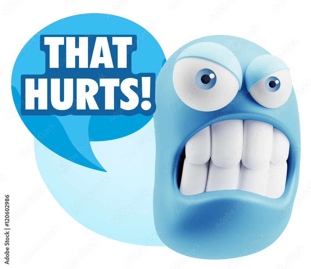 3d Illustration Angry Face Emoticon saying That Hurts with Color